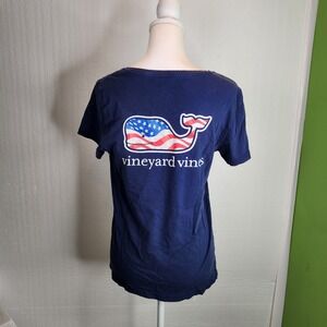 Vineyard Vines Womens Navy Blue USA American Flag Whale Logo Pocket T-Shirt M